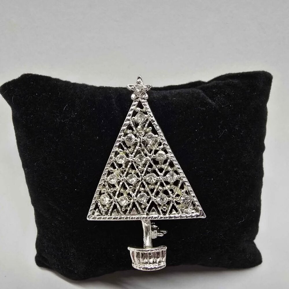 Silver and Rhinestone Christmas Tree Brooch 2" Holiday Pin Gift